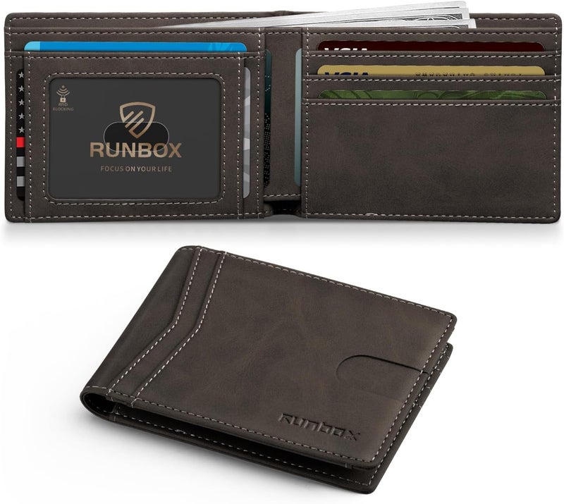 RUNBOX Wallet for Men Slim Credit Card Holder Leather RFID Blocking Small Thin Men's Wallet Bifold Minimalist Front Pocket Large Capacity Gift Box, Bicolor Dark Brown(one-pocket), Minimalist - Image 1