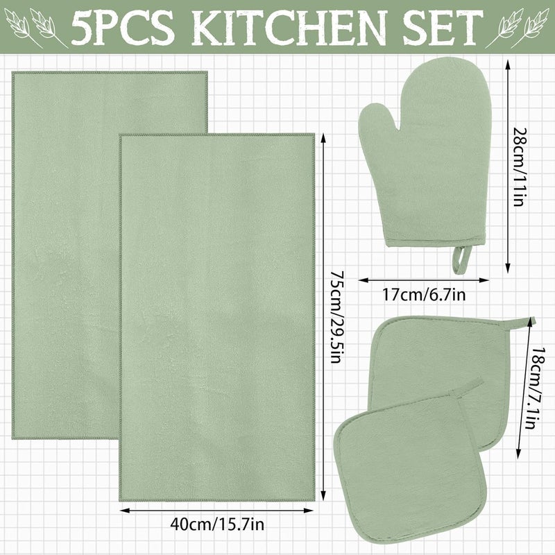 Rtteri Rtteri 5 Pieces Green Oven Mitts Pot Holders and Kitchen Towels Sets 1 Kitchen Oven Glove and 2 Dish Towels 2 Green Potholders for Baking Cooking BBQ Grilling SupplySage Green Style - Image 2