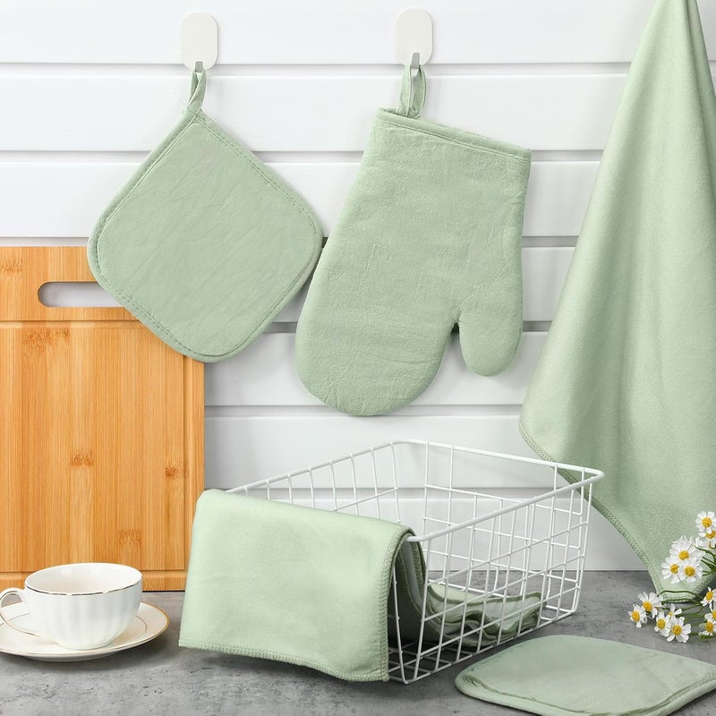 Rtteri Rtteri 5 Pieces Green Oven Mitts Pot Holders and Kitchen Towels Sets 1 Kitchen Oven Glove and 2 Dish Towels 2 Green Potholders for Baking Cooking BBQ Grilling SupplySage Green Style - Image 4