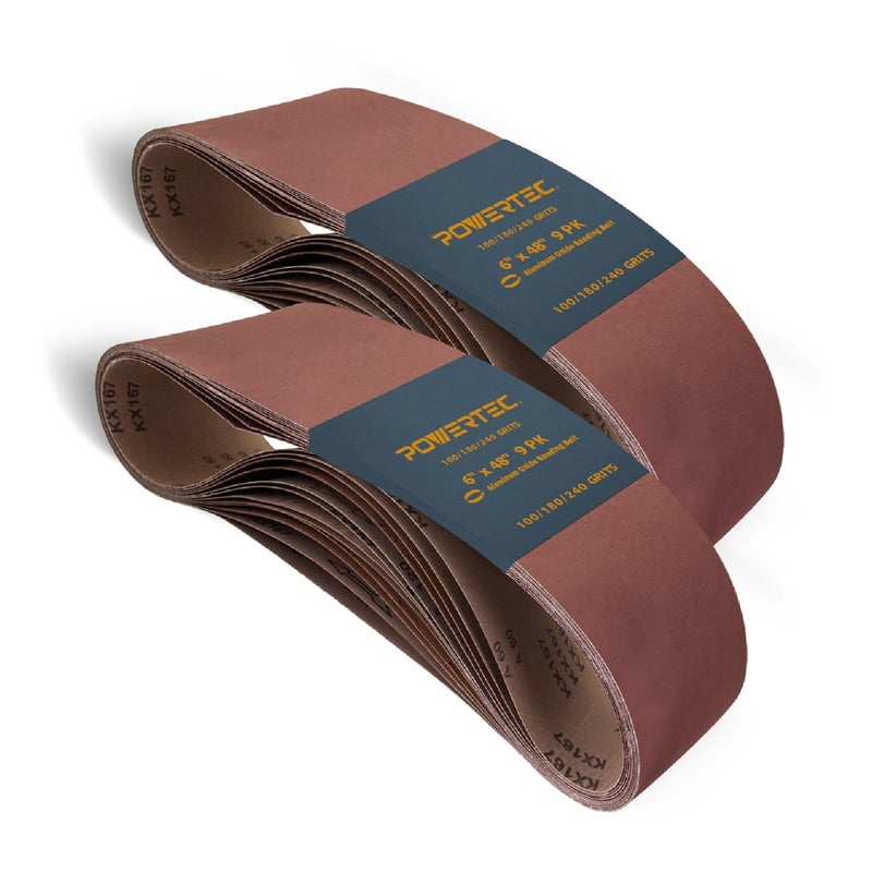 POWERTEC 6 x 48 Inch Sanding Belts 6 Each of 100180240 Grits 18PK Aluminum Oxide Sanding Belt Assortment for Bench Belt Sander Woodworking Paint Removal Metal Polishing 110221P2