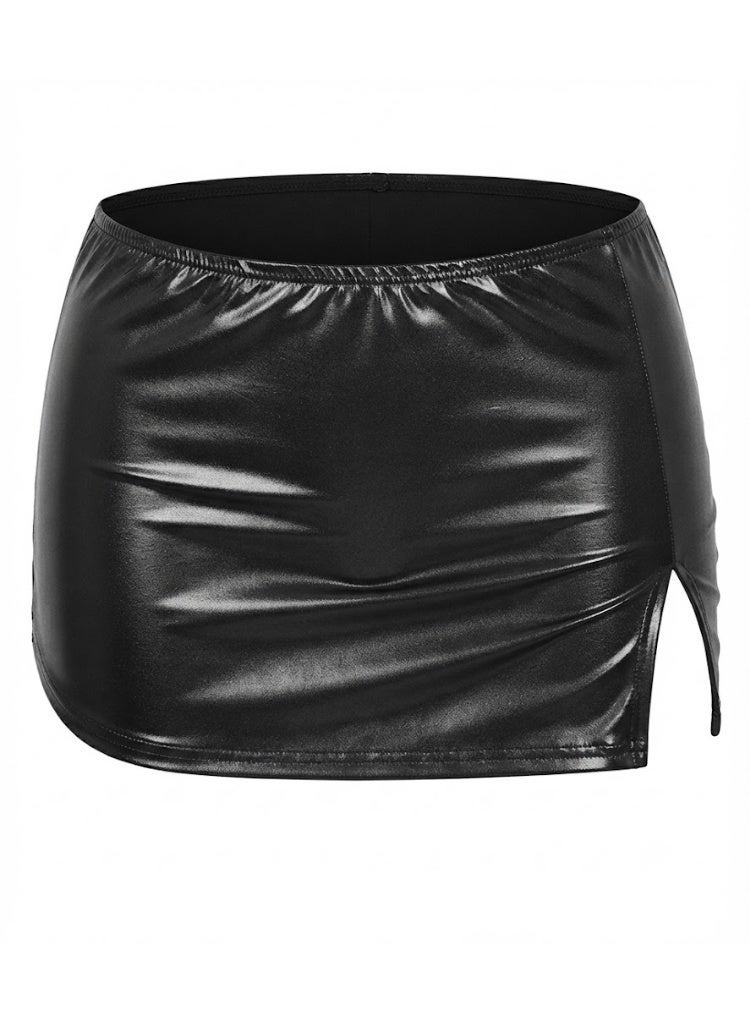 Women's short skirt, open at the side, made of leather and Lycra, disco design