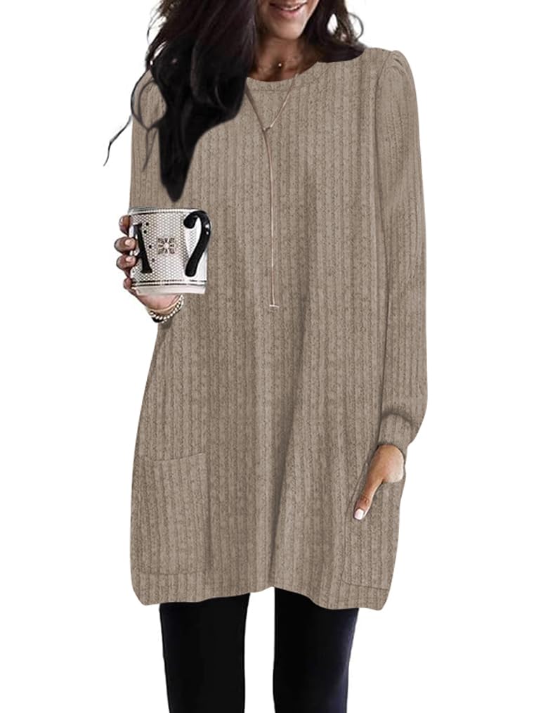 Poetsky Long Tunic Tops to Wear with Leggings Womens Tunic Sweaters Loose Fit Casual Mocha M - Image 1