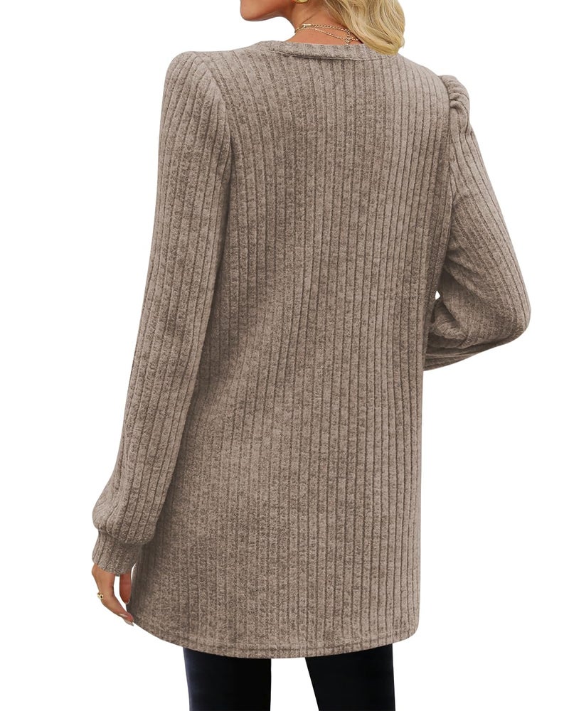 Poetsky Long Tunic Tops to Wear with Leggings Womens Tunic Sweaters Loose Fit Casual Mocha M - Image 2