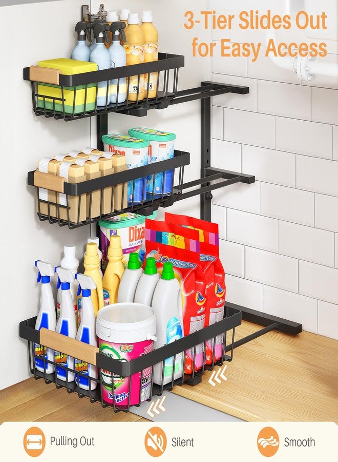 PXRACK Under Sink Organizer, 3-Tier 2-Pack Adjustable Height Pull Out Under Cabinet Organizer, Slide Out Thickened Metal Under Sink Storage for Kitchen Bathroom Laundry Pantry Organization, Black - Image 5
