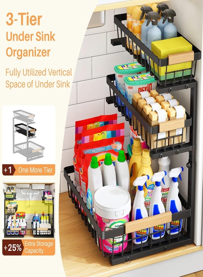 PXRACK Under Sink Organizer, 3-Tier 2-Pack Adjustable Height Pull Out Under Cabinet Organizer, Slide Out Thickened Metal Under Sink Storage for Kitchen Bathroom Laundry Pantry Organization, Black - Image 3