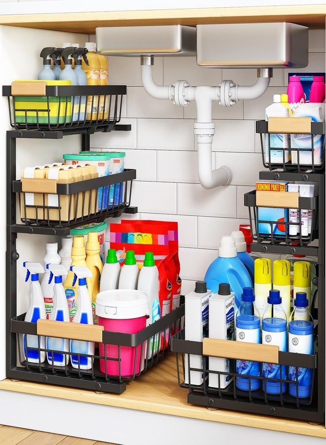 PXRACK Under Sink Organizer, 3-Tier 2-Pack Adjustable Height Pull Out Under Cabinet Organizer, Slide Out Thickened Metal Under Sink Storage for Kitchen Bathroom Laundry Pantry Organization, Black - Image 1