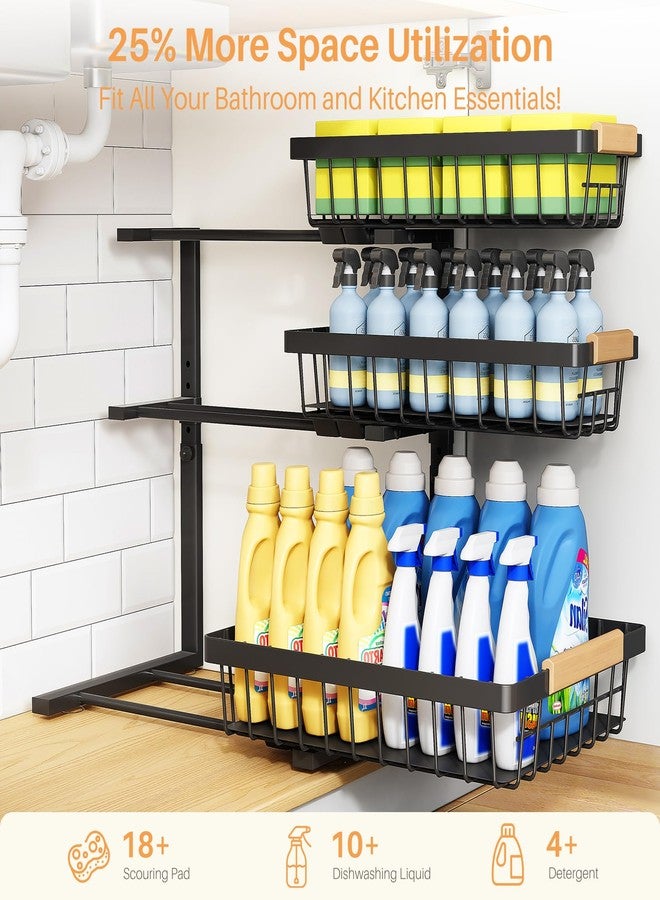 PXRACK Under Sink Organizer, 3-Tier 2-Pack Adjustable Height Pull Out Under Cabinet Organizer, Slide Out Thickened Metal Under Sink Storage for Kitchen Bathroom Laundry Pantry Organization, Black - Image 4