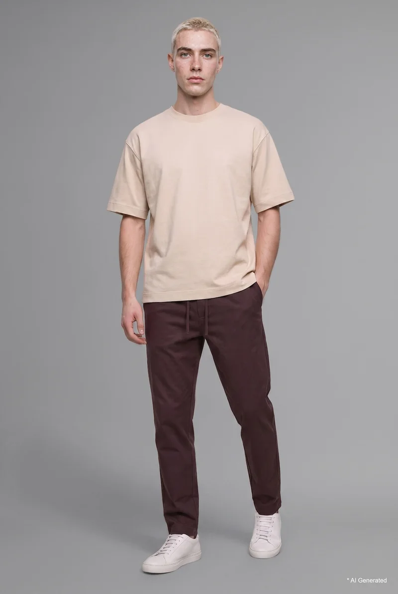 Relaxed Fit Elastic Waist Straight Leg Trousers