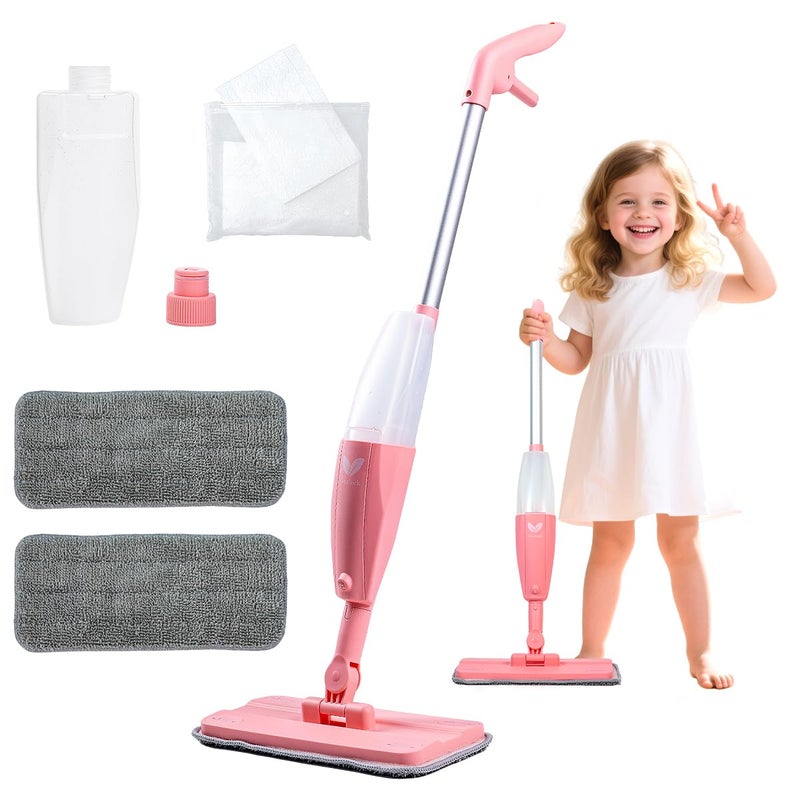Kids Spray Mop Pink Mini Mop Set with 2 Microfiber Washable Pads and 10 Disposable Dry Dusting Cloths Dust Mop for Floor Cleaning Small Mop for Toddlers Gift