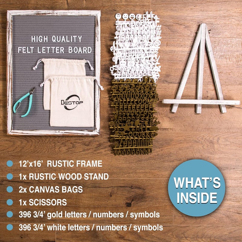 Destop Felt Board With Rustic Vintage Frame and Stand 12x16 Inch, Grey Changeable Message Board Includes 792 Letters, Numbers and Symbols, Hook to Hang, 2 Canvas Bags - Image 2