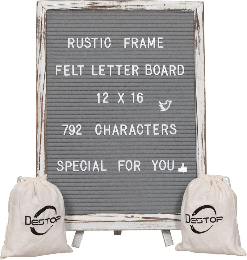 Destop Felt Board With Rustic Vintage Frame and Stand 12x16 Inch, Grey Changeable Message Board Includes 792 Letters, Numbers and Symbols, Hook to Hang, 2 Canvas Bags - Image 1