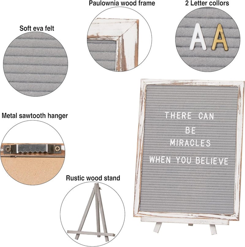 Destop Felt Board With Rustic Vintage Frame and Stand 12x16 Inch, Grey Changeable Message Board Includes 792 Letters, Numbers and Symbols, Hook to Hang, 2 Canvas Bags - Image 3