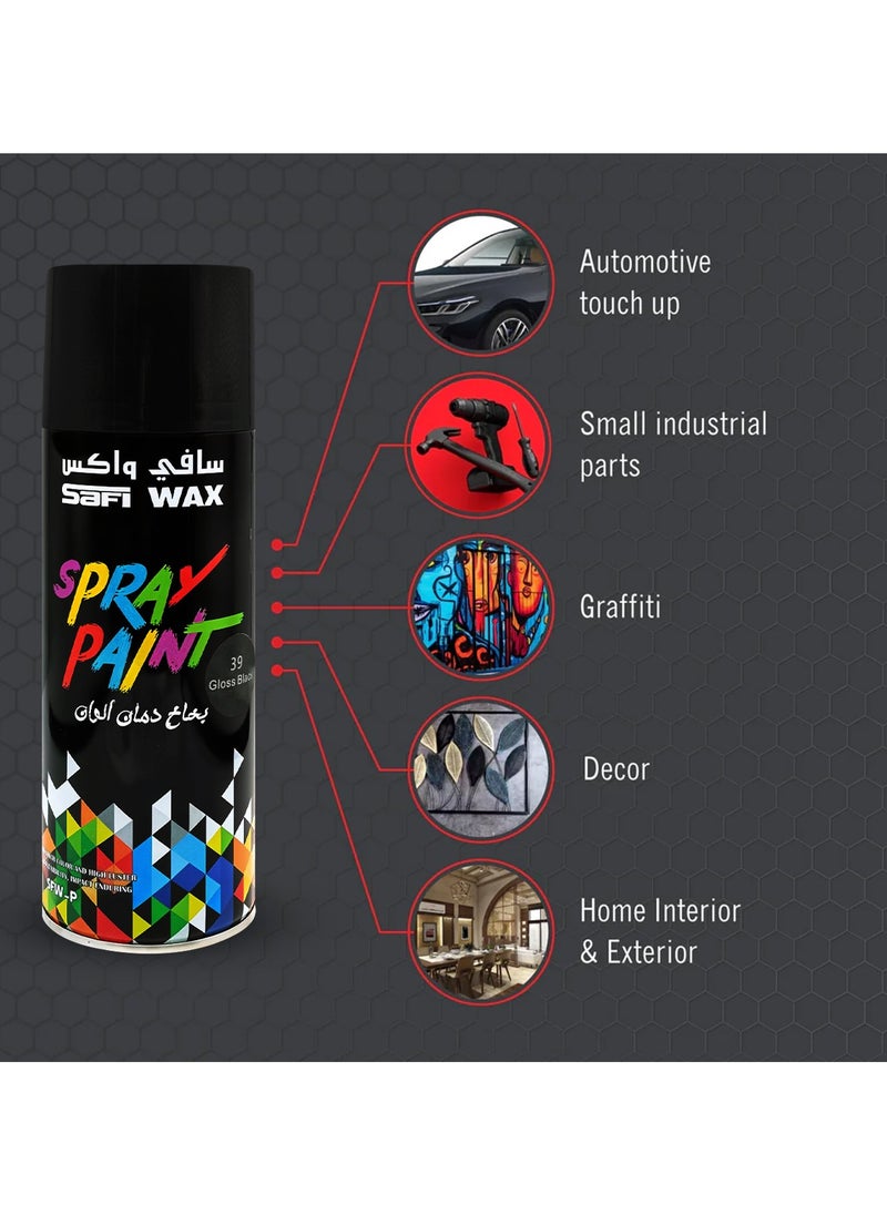 سافي واكس طلاء رش أسود لامع من SAFI WAX سعة 450 مل، سريع الجفاف، عالي اللمعان، مناسب للمعادن والخشب والبلاستيك والزجاج والجدران والمشاريع المنزلية والسيارات والأثاث والحرف اليدوية والديكورات الداخلية والخارجية للمنزل، بالإضافة إلى طلاء حماية من الصدأ، SFW-P-39  - Image 2