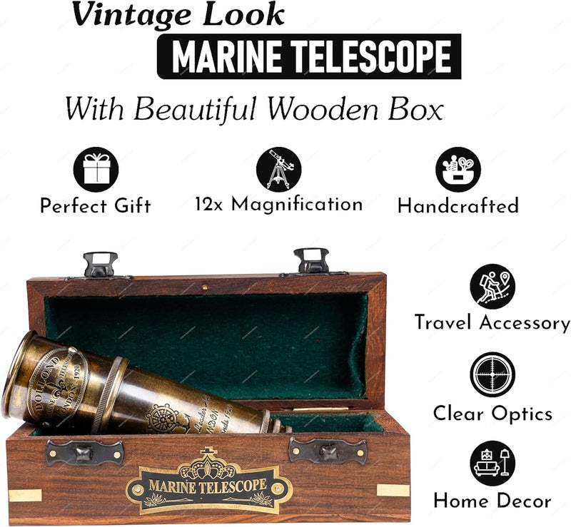 OCEAN REPLICAS 1920 Dollond London Brass Maritime Telescope – 15” Vintage Nautical Spyglass Pirate Telescope Antique Look – Solid Brass Mounted Scope with Wooden Box - Image 4