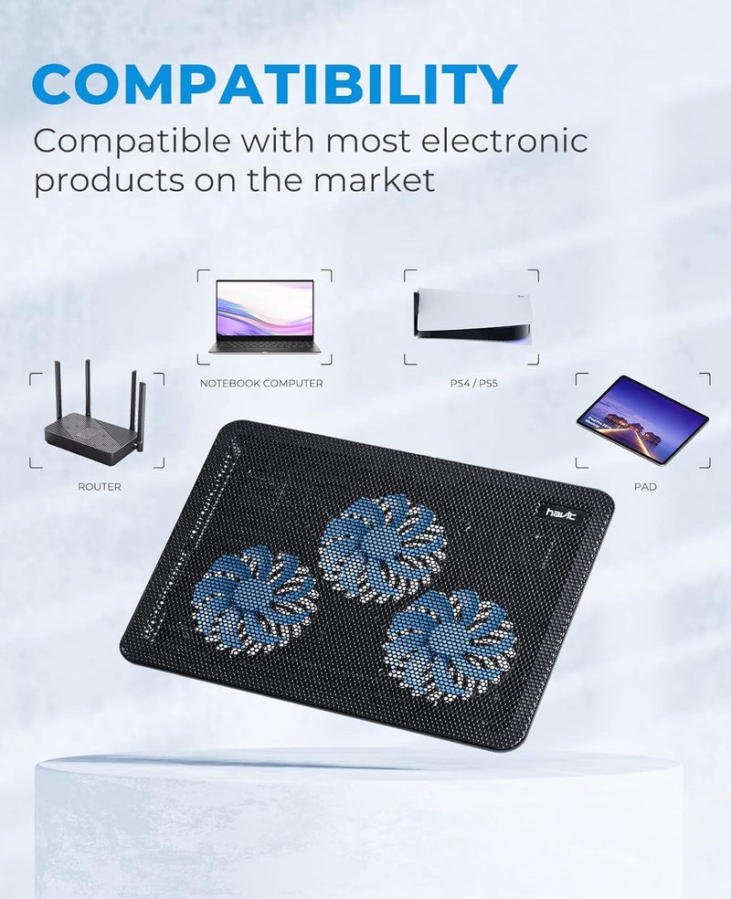 havit HV-F2056 15.6"-17" Laptop Cooler Cooling Pad - Slim Portable USB Powered (3 Fans), Black/Blue - Image 3
