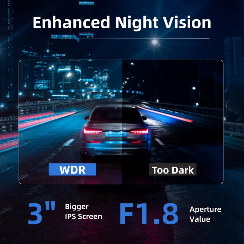 Miofive Car Camera 4K Resolution, WiFi, Bluetooth, GPS Dash Cam, 3-Inch IPS Screen, Night Vision, Loop Recording, HDR, App Control, and Supports up to 512GB with a Free 32GB Card Included - Image 4