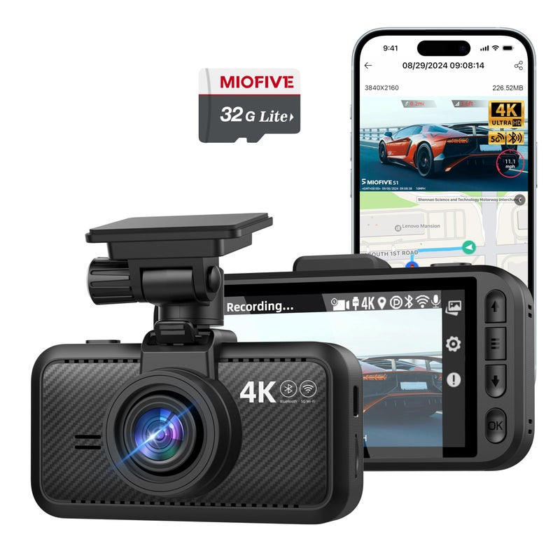 Miofive Car Camera 4K Resolution, WiFi, Bluetooth, GPS Dash Cam, 3-Inch IPS Screen, Night Vision, Loop Recording, HDR, App Control, and Supports up to 512GB with a Free 32GB Card Included - Image 1