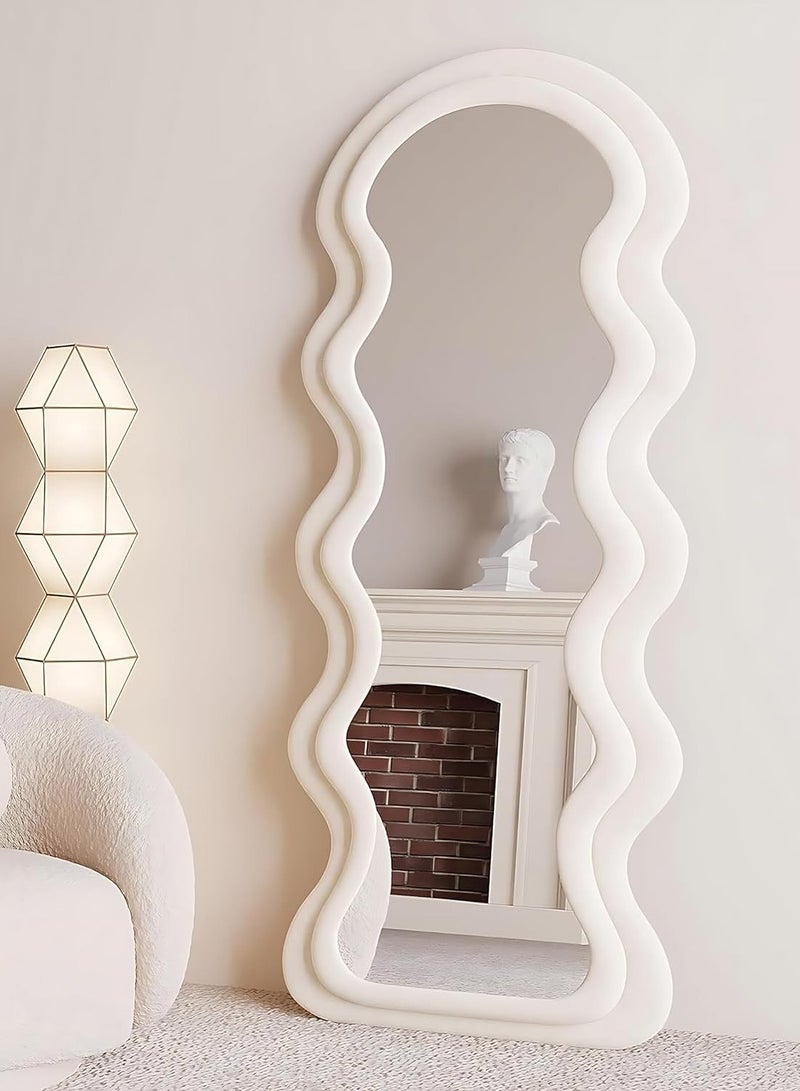 Long, wavy-shaped mirrors framed in soft, off-white velvet fabric  - Image 1