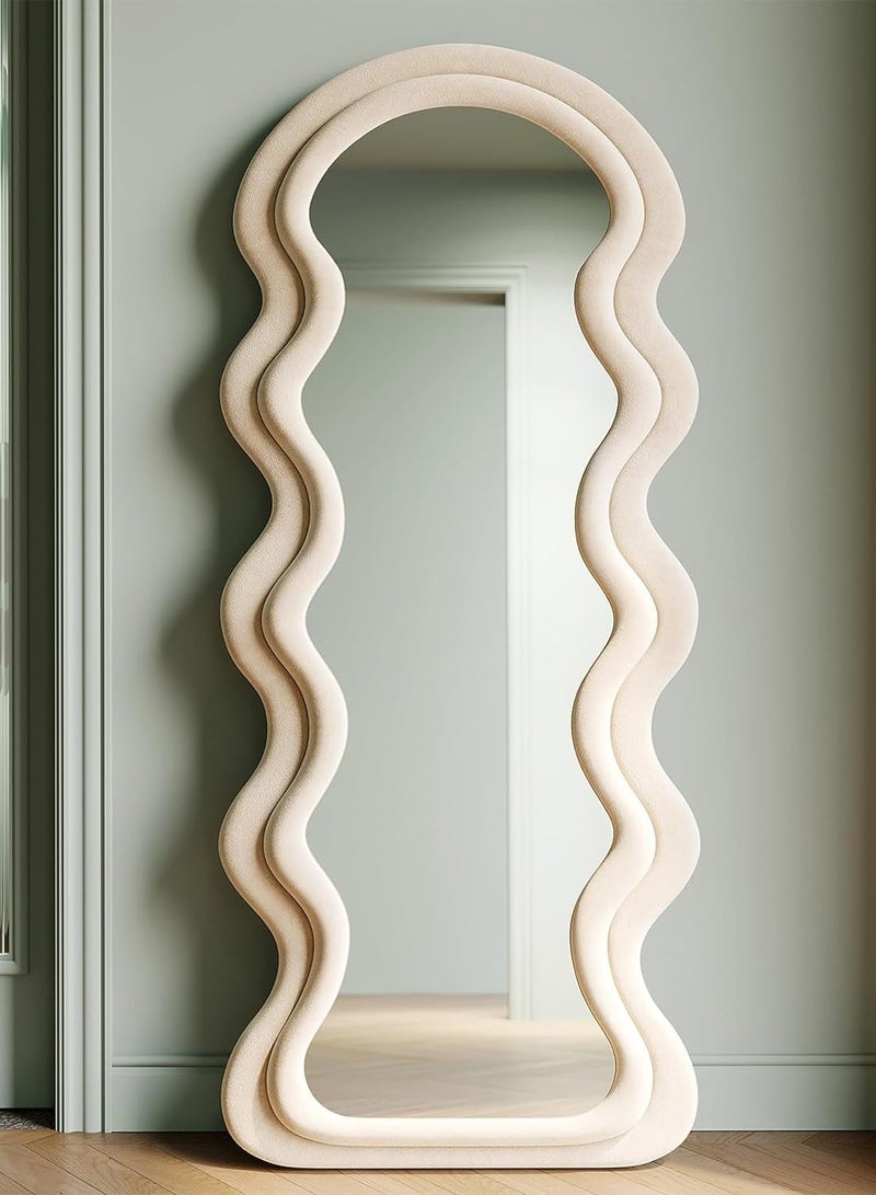 Long, wavy-shaped mirrors framed in soft, off-white velvet fabric  - Image 2