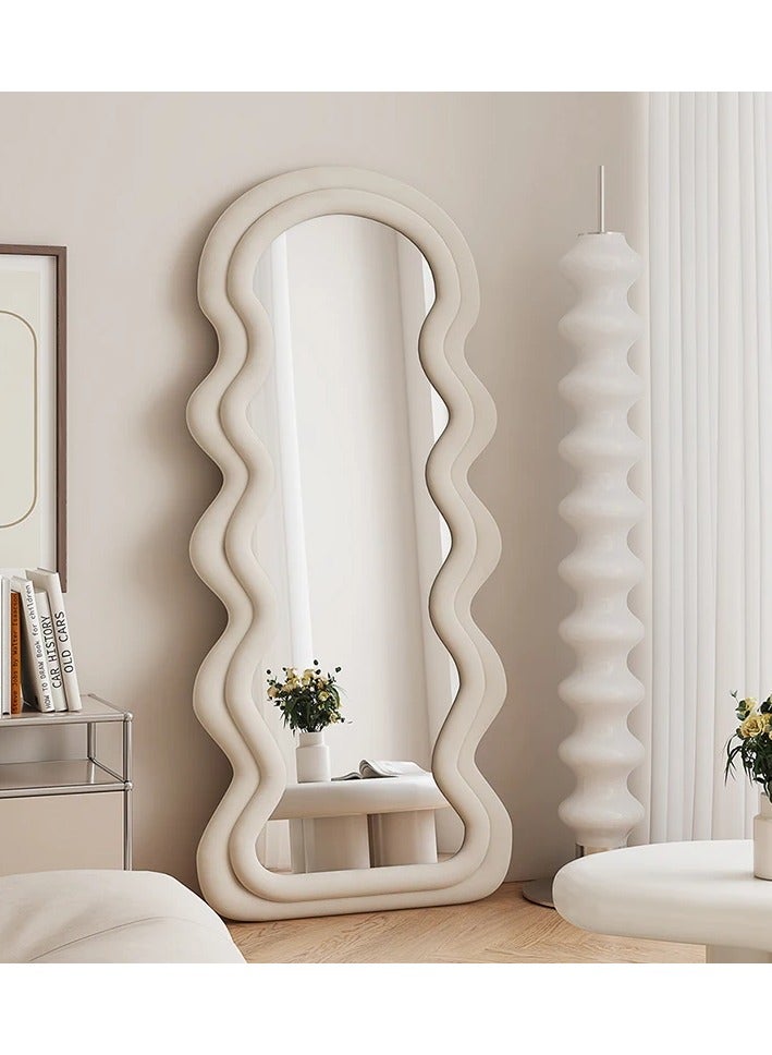 Long, wavy-shaped mirrors framed in soft, off-white velvet fabric  - Image 3