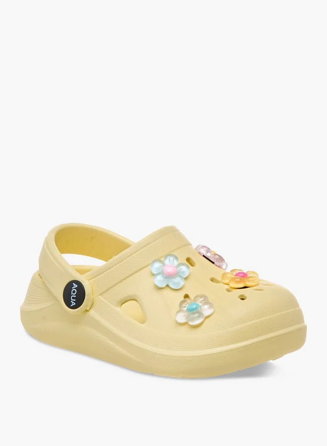 Aqua Floral Applique Clogs with Backstrap