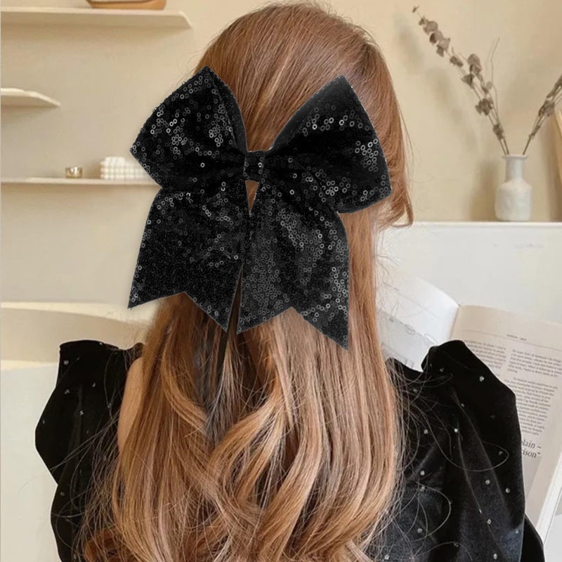 ZOLYCO Large Glitter Cheer Bows Clips, Jumbo Big 7 Inch Cheerleading Sequin Hair Bow Hair Accessories for Teens Girls Football Sports Cheerleader Outfit Uniform (Black) - Image 2