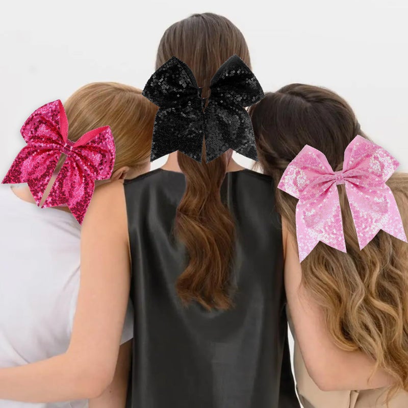 ZOLYCO Large Glitter Cheer Bows Clips, Jumbo Big 7 Inch Cheerleading Sequin Hair Bow Hair Accessories for Teens Girls Football Sports Cheerleader Outfit Uniform (Black) - Image 3