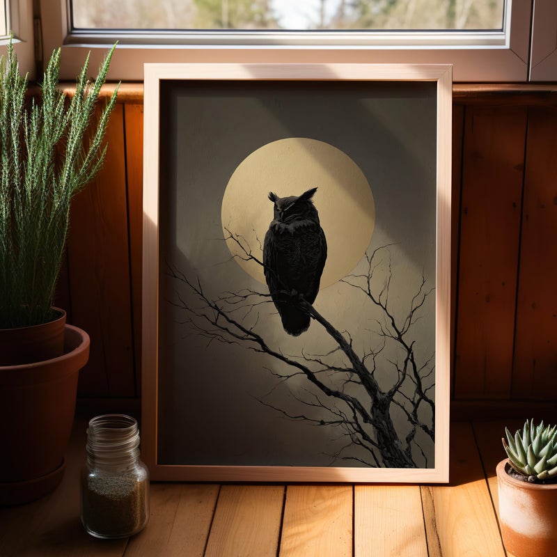 TNESSENTIAL Mythic Owl on Bare Branch with Full Moon Canvas Poster, Poster or Canvas Print, Golden Moon and Owl Silhouette Minimalist Art Mystical Decor - Image 1