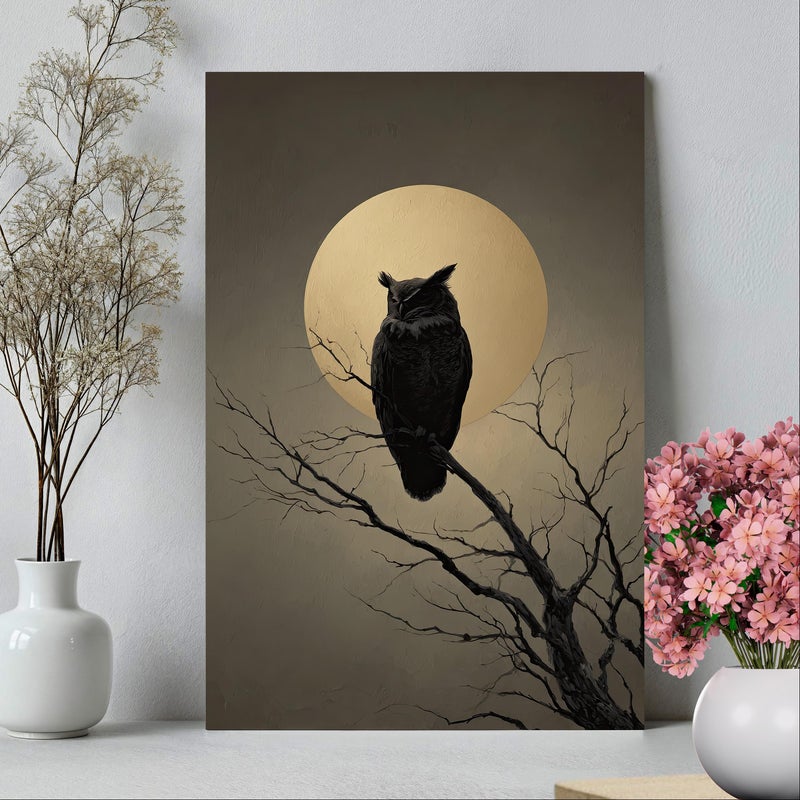 TNESSENTIAL Mythic Owl on Bare Branch with Full Moon Canvas Poster, Poster or Canvas Print, Golden Moon and Owl Silhouette Minimalist Art Mystical Decor - Image 4