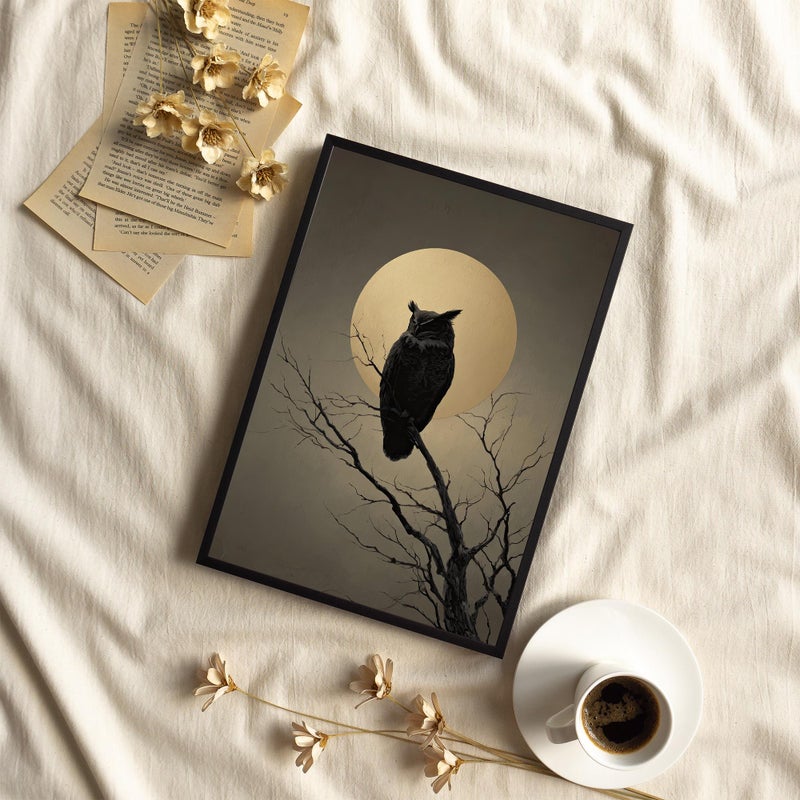 TNESSENTIAL Mythic Owl on Bare Branch with Full Moon Canvas Poster, Poster or Canvas Print, Golden Moon and Owl Silhouette Minimalist Art Mystical Decor - Image 3