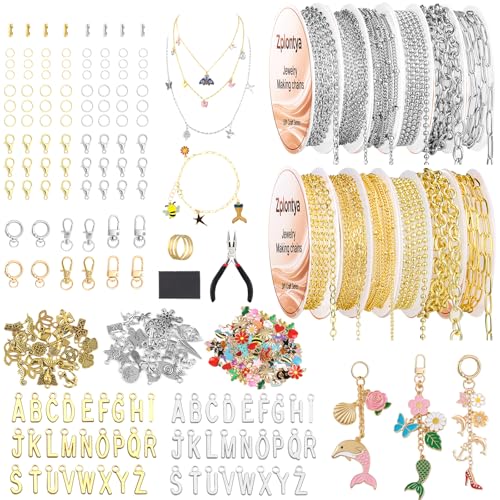 Zplontya 18K Necklace Chains for Jewelry Making Kit 381PCS Include 50Ft 12 Rolls Gold/Silver Jewelry Chains and Charms,Jump Rings,Pliers&Accessories for DIY Necklace Bracelet Keychain Crafting Gifts - Image 1
