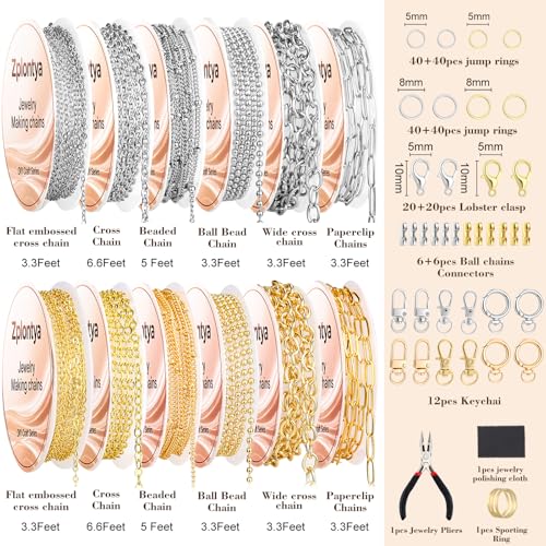 Zplontya 18K Necklace Chains for Jewelry Making Kit 381PCS Include 50Ft 12 Rolls Gold/Silver Jewelry Chains and Charms,Jump Rings,Pliers&Accessories for DIY Necklace Bracelet Keychain Crafting Gifts - Image 3