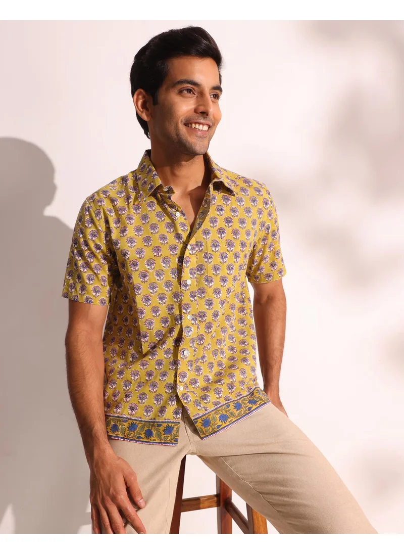 Fabindia Yellow Cotton Hand Block Printed Shirt