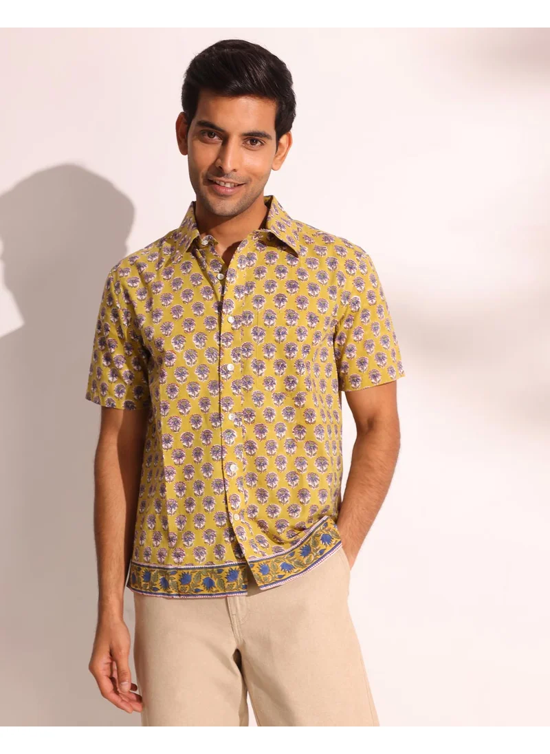Fabindia Yellow Cotton Hand Block Printed Shirt