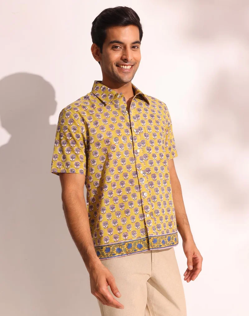 Fabindia  Yellow Cotton Hand Block Printed Shirt for Men | Best Price UAE