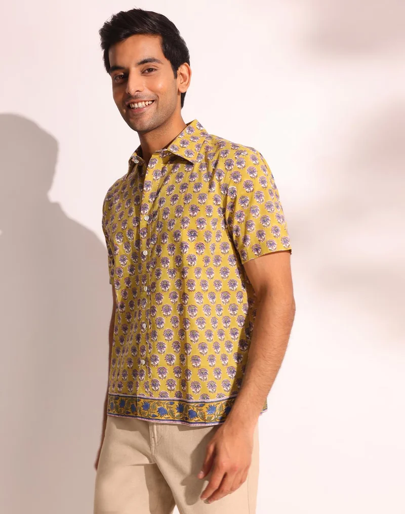 Fabindia  Yellow Cotton Hand Block Printed Shirt for Men | Best Price UAE