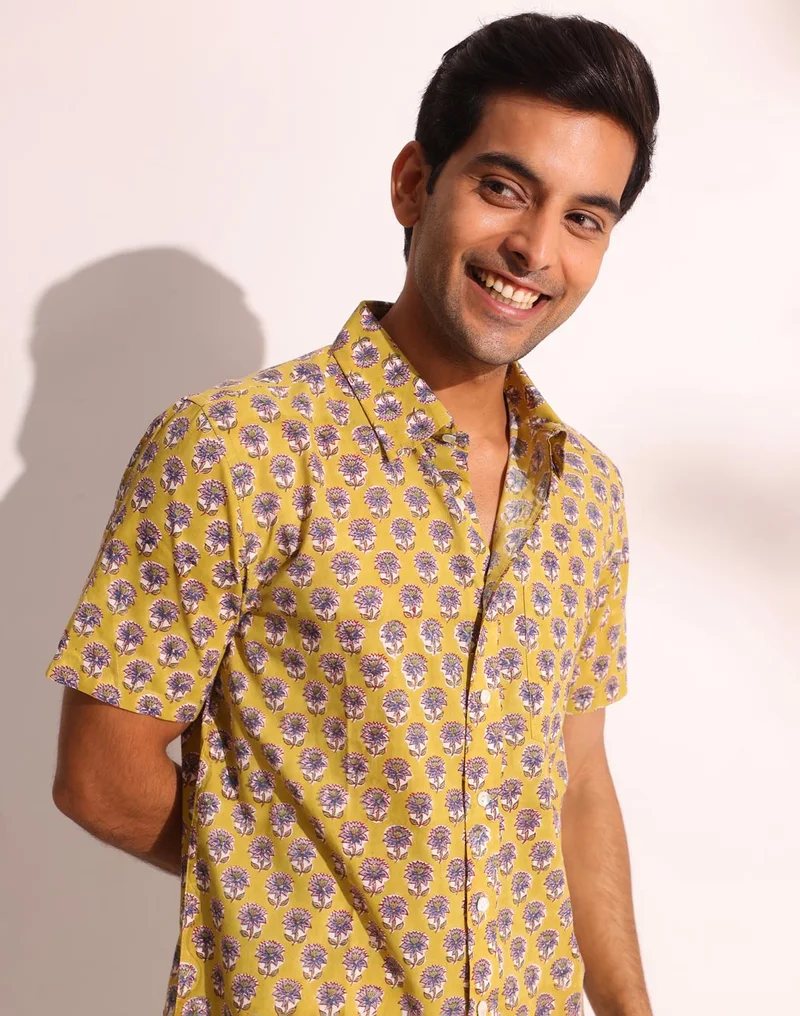 Fabindia  Yellow Cotton Hand Block Printed Shirt for Men | Best Price UAE