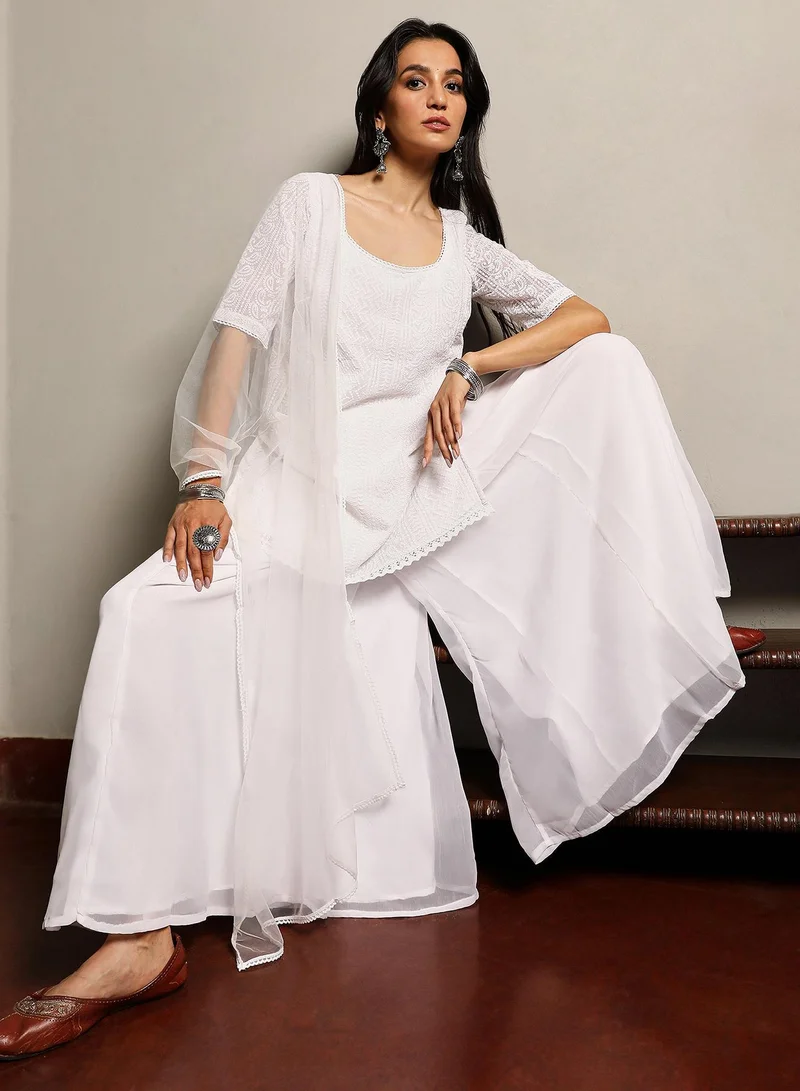 QISSA Women's Daisy White Solid Schiffli Kurti With Palazzo & Dupatta