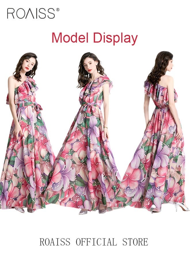 Women's Long Dress One Shoulder Ruffle Hem Big Skirt Colorful Printed  Short Sleeve High-Rise Dress Advanced Fashion Print Unique Asymmetric Collar Design for Ladies Party Ramadan Eid al-Adha