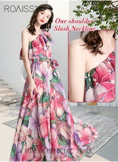 roaiss Women's Long Dress One Shoulder Ruffle Hem Big Skirt Colorful Printed  Short Sleeve High-Rise Dress Advanced Fashion Print Unique Asymmetric Collar Design for Ladies Party Ramadan Eid al-Adha  - Image 3