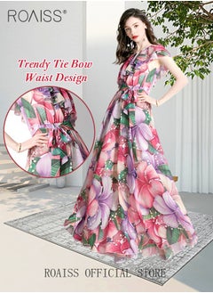 roaiss Women's Long Dress One Shoulder Ruffle Hem Big Skirt Colorful Printed  Short Sleeve High-Rise Dress Advanced Fashion Print Unique Asymmetric Collar Design for Ladies Party Ramadan Eid al-Adha  - Image 1