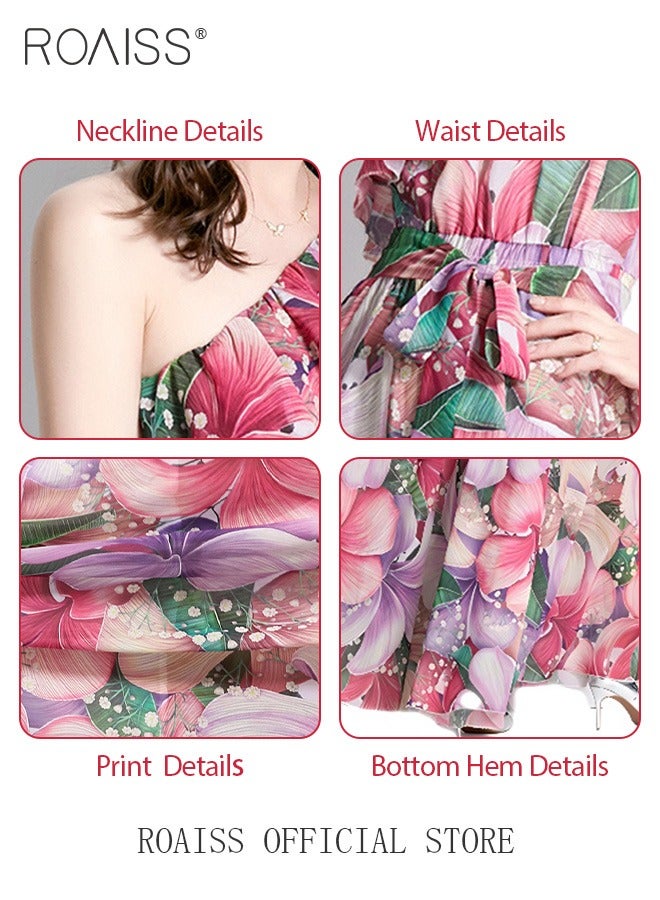 Women's Long Dress One Shoulder Ruffle Hem Big Skirt Colorful Printed  Short Sleeve High-Rise Dress Advanced Fashion Print Unique Asymmetric Collar Design for Ladies Party Ramadan Eid al-Adha