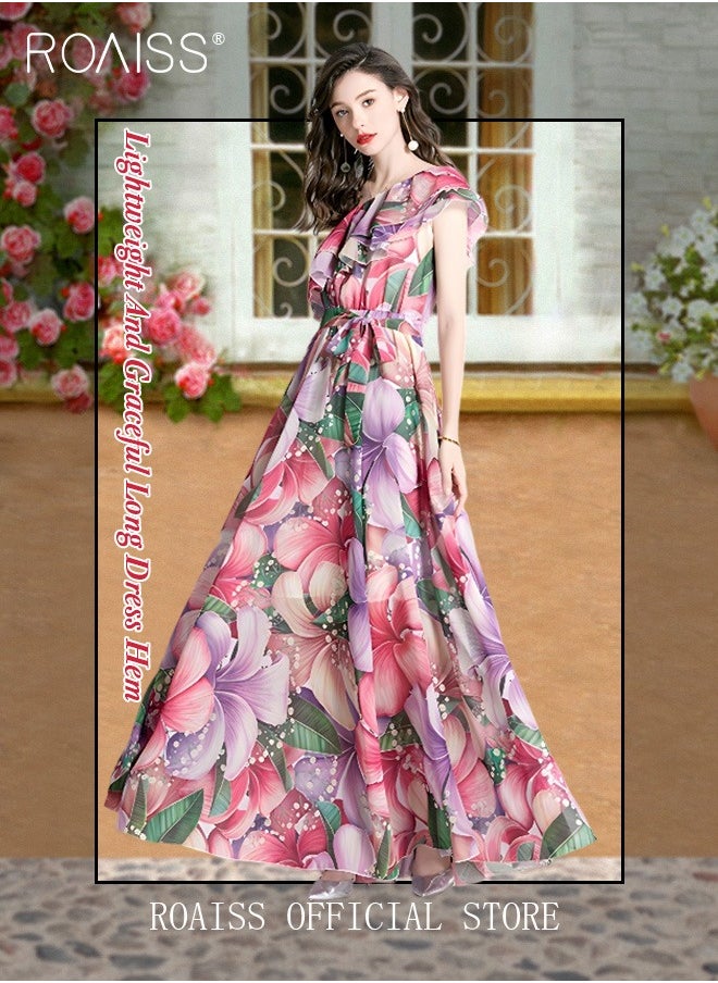 roaiss Women's Long Dress One Shoulder Ruffle Hem Big Skirt Colorful Printed  Short Sleeve High-Rise Dress Advanced Fashion Print Unique Asymmetric Collar Design for Ladies Party Ramadan Eid al-Adha  - Image 5