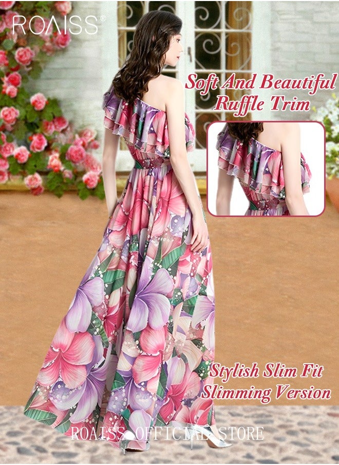 roaiss Women's Long Dress One Shoulder Ruffle Hem Big Skirt Colorful Printed  Short Sleeve High-Rise Dress Advanced Fashion Print Unique Asymmetric Collar Design for Ladies Party Ramadan Eid al-Adha  - Image 4