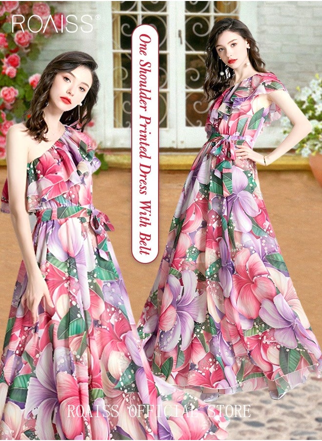 roaiss Women's Long Dress One Shoulder Ruffle Hem Big Skirt Colorful Printed  Short Sleeve High-Rise Dress Advanced Fashion Print Unique Asymmetric Collar Design for Ladies Party Ramadan Eid al-Adha  - Image 2