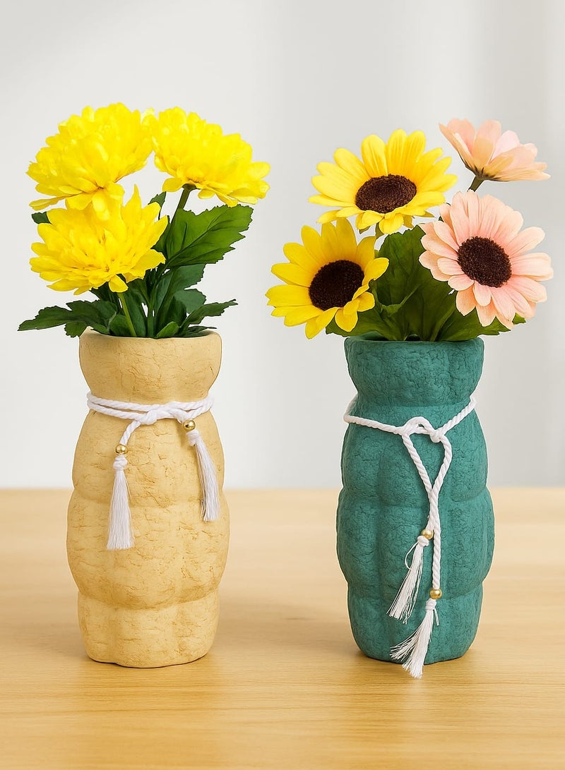2 Artificial Vase - For Artificial Sunflowers, Pampas Grass And Flowers, Made Of Pottery - 35Cm, Home Decor For Living Room, Dining Room (Teal And Beige)