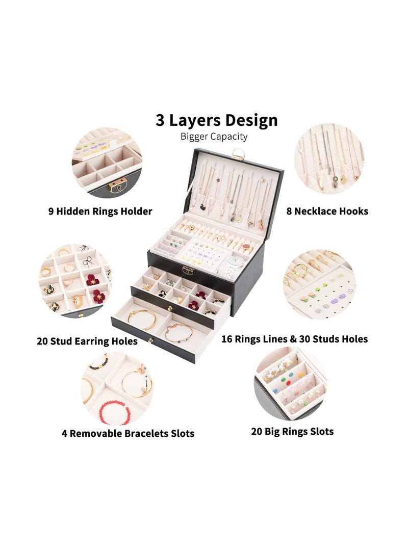 NALACAL Large Jewelry Organizer Box for Women - 3-Layer Leather Storage with Lock, Black - Image 2