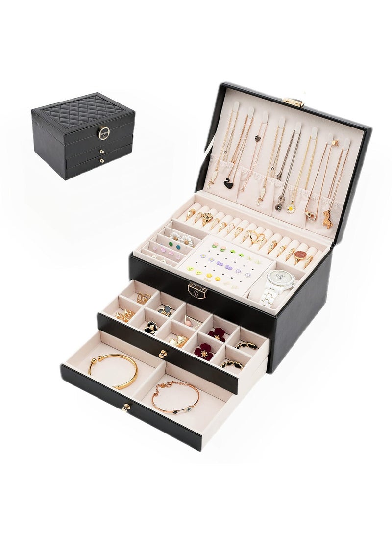 NALACAL Large Jewelry Organizer Box for Women - 3-Layer Leather Storage with Lock, Black - Image 1