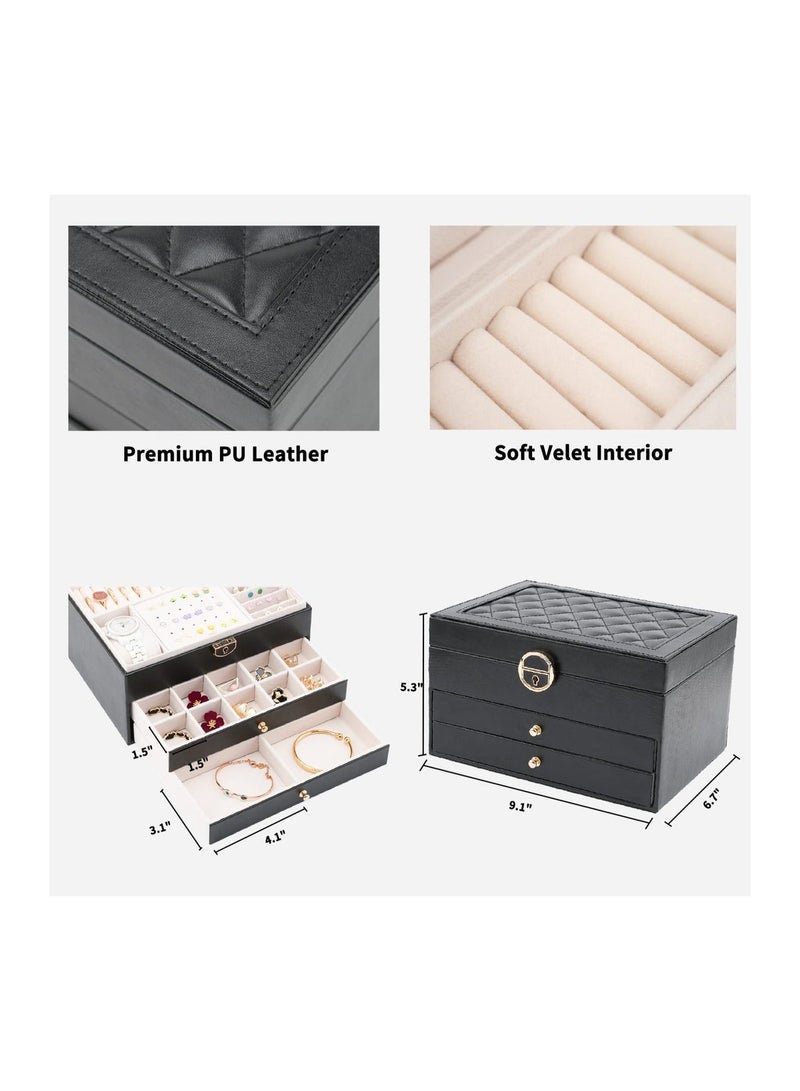 NALACAL Large Jewelry Organizer Box for Women - 3-Layer Leather Storage with Lock, Black - Image 3