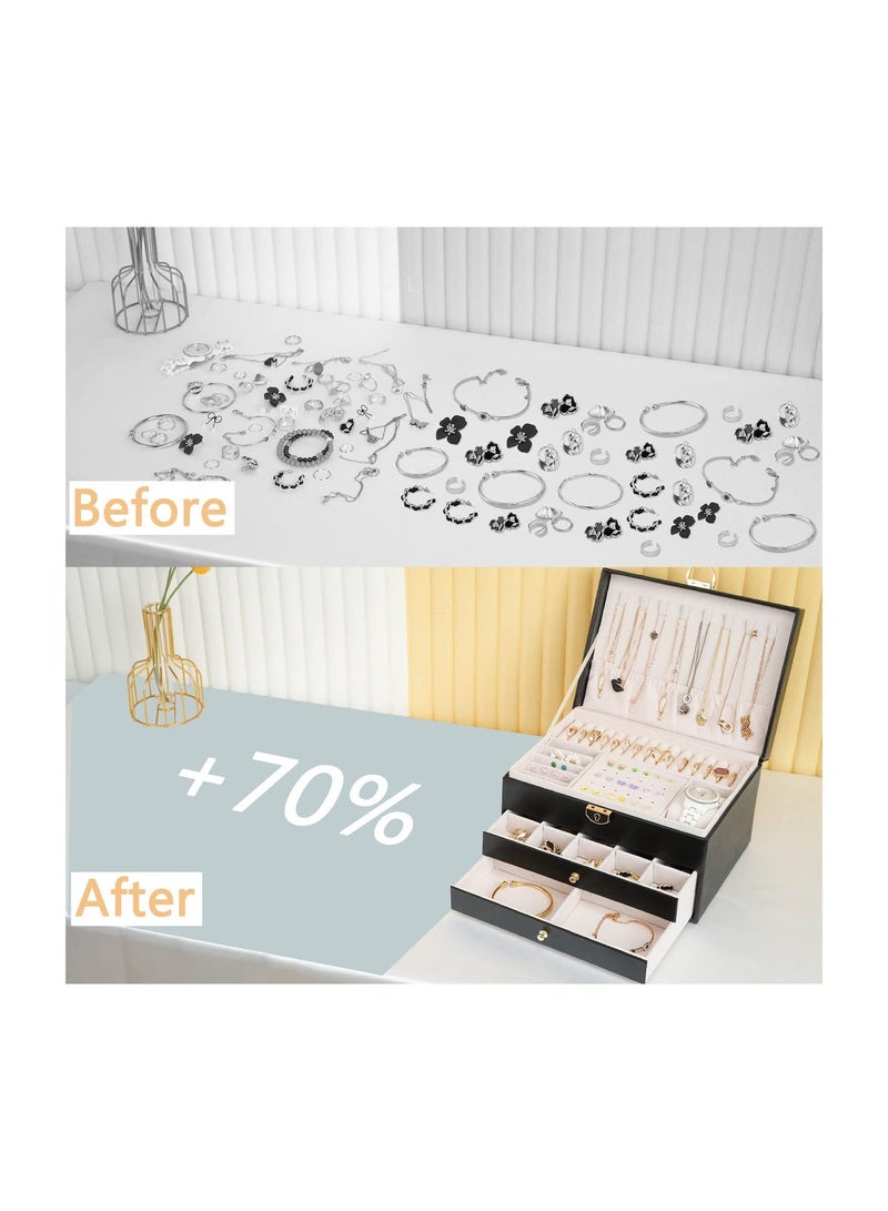 NALACAL Large Jewelry Organizer Box for Women - 3-Layer Leather Storage with Lock, Black - Image 5
